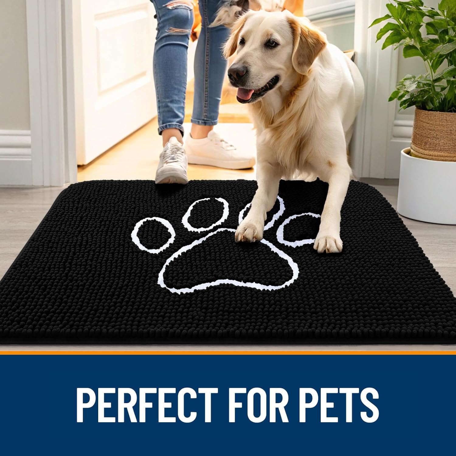 OLANLY Dog Door Mat - Absorbent Non-Slip Mud Mat for Muddy Paws | 47x32 Inches, Black Paw Print Design