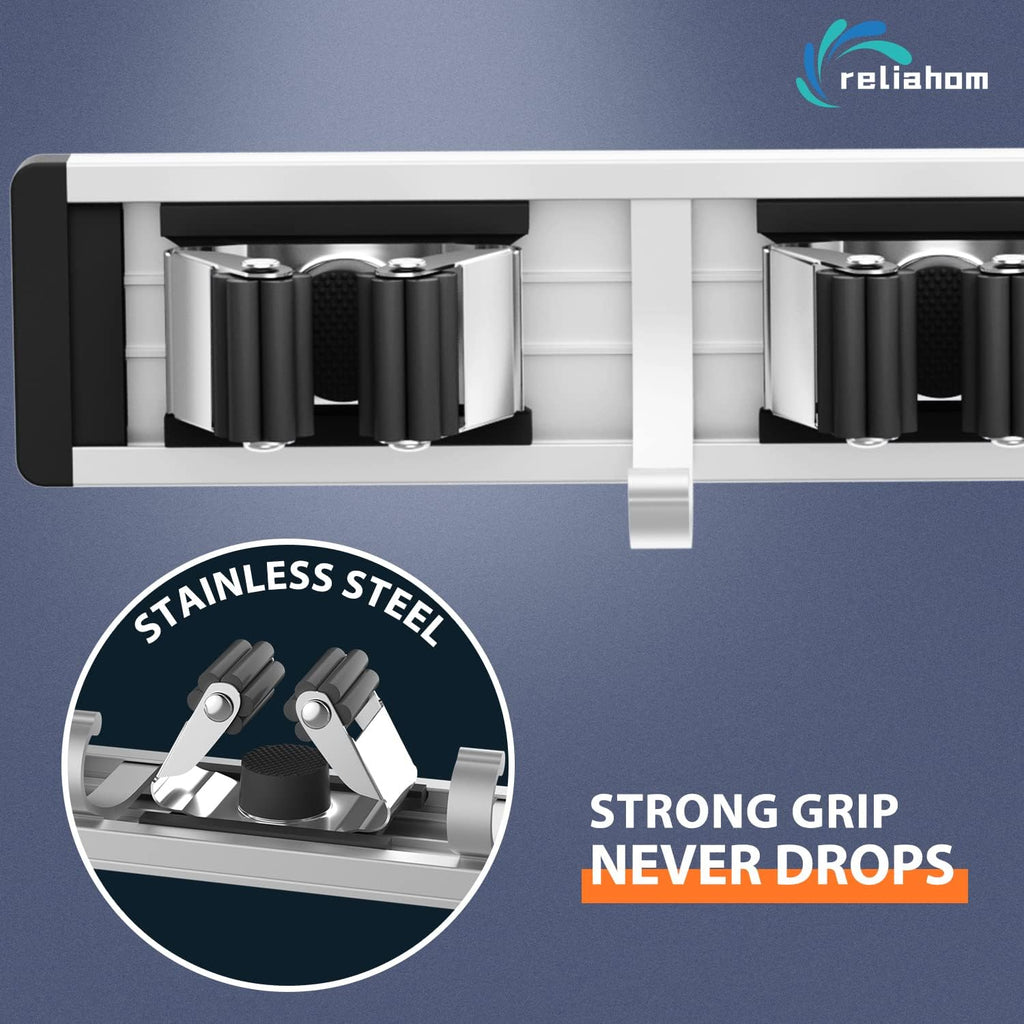 Reliahom Broom Holder Wall Mount - 5 Racks & 4 Hooks for Organized Garage, Kitchen, Garden, Laundry Room