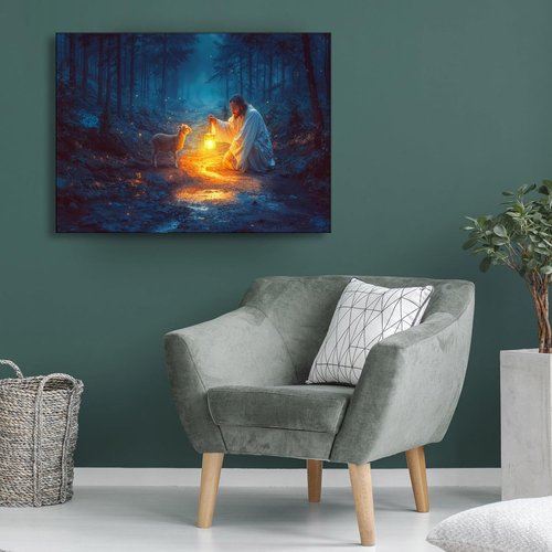 Christian Wall Art | Jesus and Lamb Canvas Decor - Prayer Room Serenity Prayer (24" x 16")