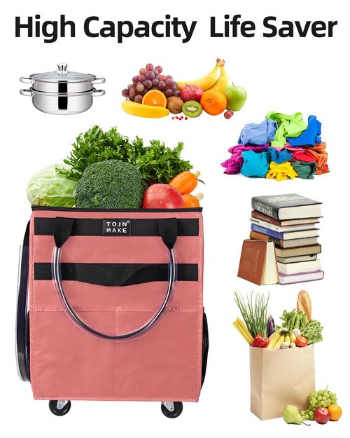TOJNMAKE Reusable Grocery Bag On Wheels Shopping Trolley with 8 Pockets and Zipper Cover Foldable Rolling Tote, Heavy Duty Handles, Carries Up to 22 LBS (Small, Pink)