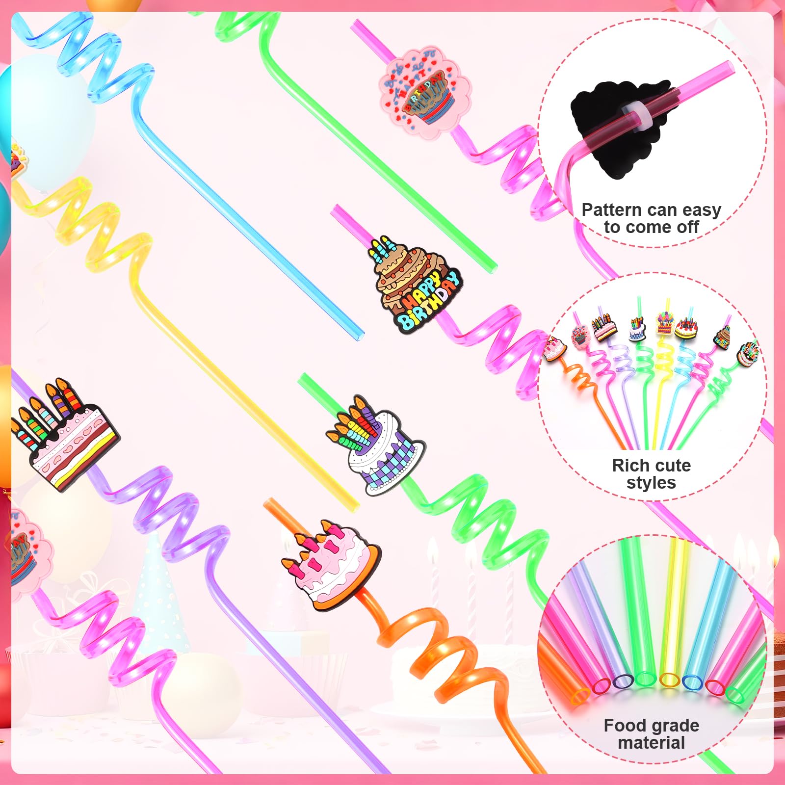 24 Pieces Reusable Birthday Plastic Straws for Birthday Party Supplies Birthday Party Decorations Glitter Cake Straw Drink Straw