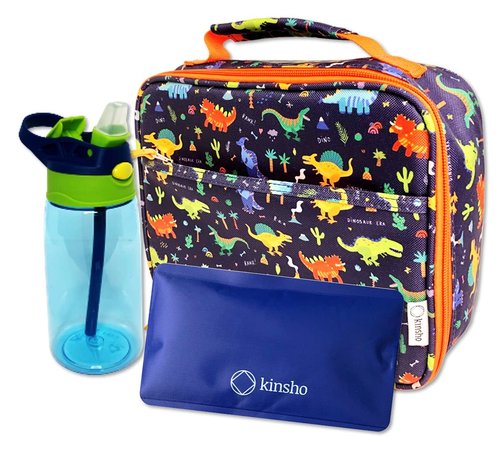 kinsho Lunch Bag with Water Bottle and Ice Pack Set, Boys Lunch-Box Set for Toddler Daycare or Pre-School, Kids Container for Lunches, Blue Orange Dinosaur