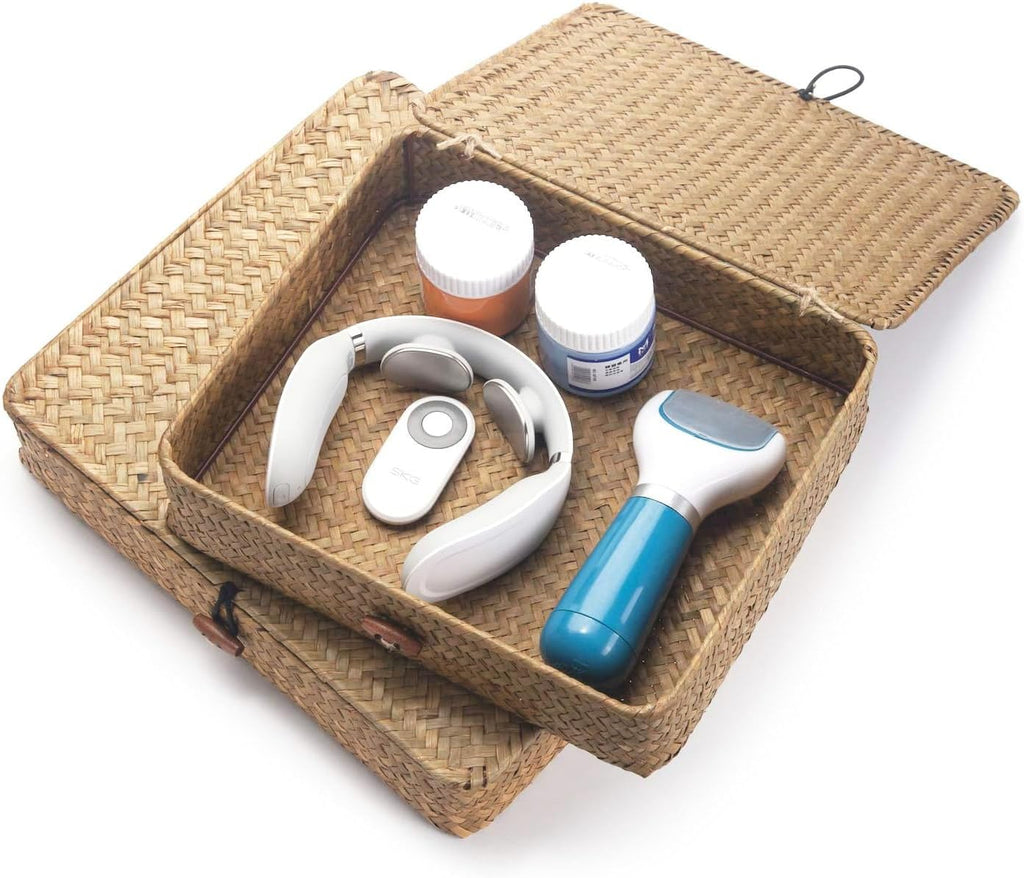Seagrass Storage Baskets - Decorative Woven Baskets with Lid for Organizing | Shallow Design