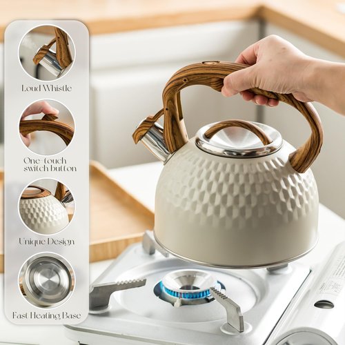 2.5L Stainless Steel Whistling Tea Kettle - Durable & Easy to Clean, Wooden Pattern Handle, Whistling Alert, Ideal for Home & Outdoor Use, Perfect for Tea Brewing, Camping, and More (Beige)