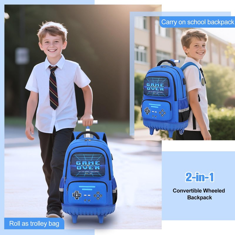 ACESAK Rolling Backpack for Boys - Roller Wheels School Bookbag with Lunch Bag & Pencil Pouch for Teen Boys Kids Wheeled Suitcase Backpacks, Elementary Middle School Travel Daypack (Blue)