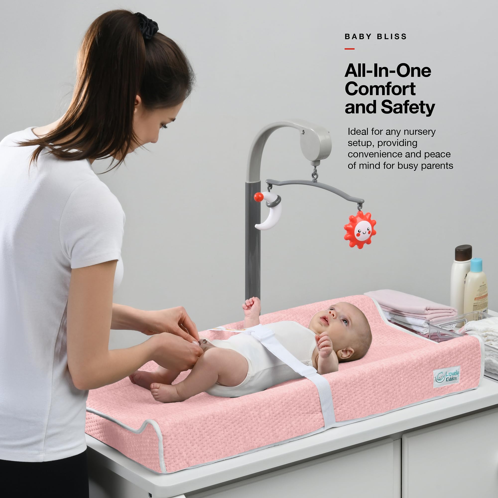 Changing Pad - Foam Contoured Baby Changing Pad for Dresser, Waterproof Diaper Changing Table Pad, Includes Soft, Removable & Washable Non-Slip Cover, Bonus Portable Toy Bar with Music Mode Included