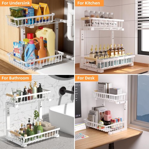Lxmons Under Sink Organizer, 2 Tier Height Adjustable Pull Out Cabinet Organizer Drawer, Metal Storage Shelf with Slide Out Wire Basket for Bathroom Kitchen, Countertop Pantry, White