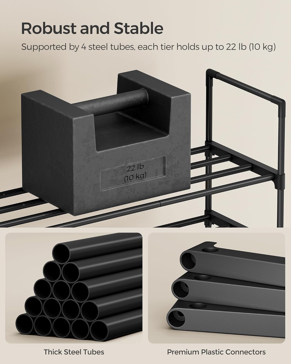 SONGMICS Shoe Rack - 3-Tier Metal Organizer for 20-24 Pairs | Stackable & Versatile Design, Black 11.8 x 46.1 x 21.7 Inches