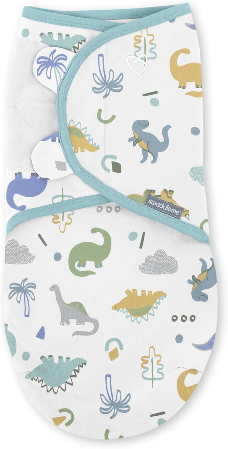 SwaddleMe by Ingenuity Baby Swaddle Blanket - 100% Cotton, 0-3 Months, Improves Sleep & Calms Reflex | Tropical Dino, 2-Pack