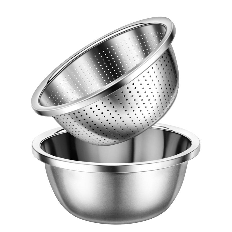 Colander 304 Stainless Steel 5-quart with Mixing Bowls, Strainer for Kitchen Food For washing vegetables, fruit, rice, Dishwasher Safe. (2PC)