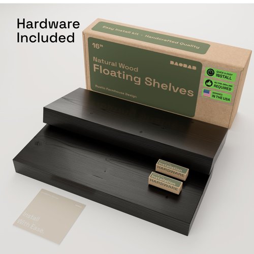 BAOBAB WORKSHOP Wood Floating Shelves for Bathroom Wall - Black Shelf 16 inch - Solid Wood Shelves for Wall for Bedroom Kitchen Living Room - Black Floating Shelves - 16 x 6.7 Inch, Set of 2