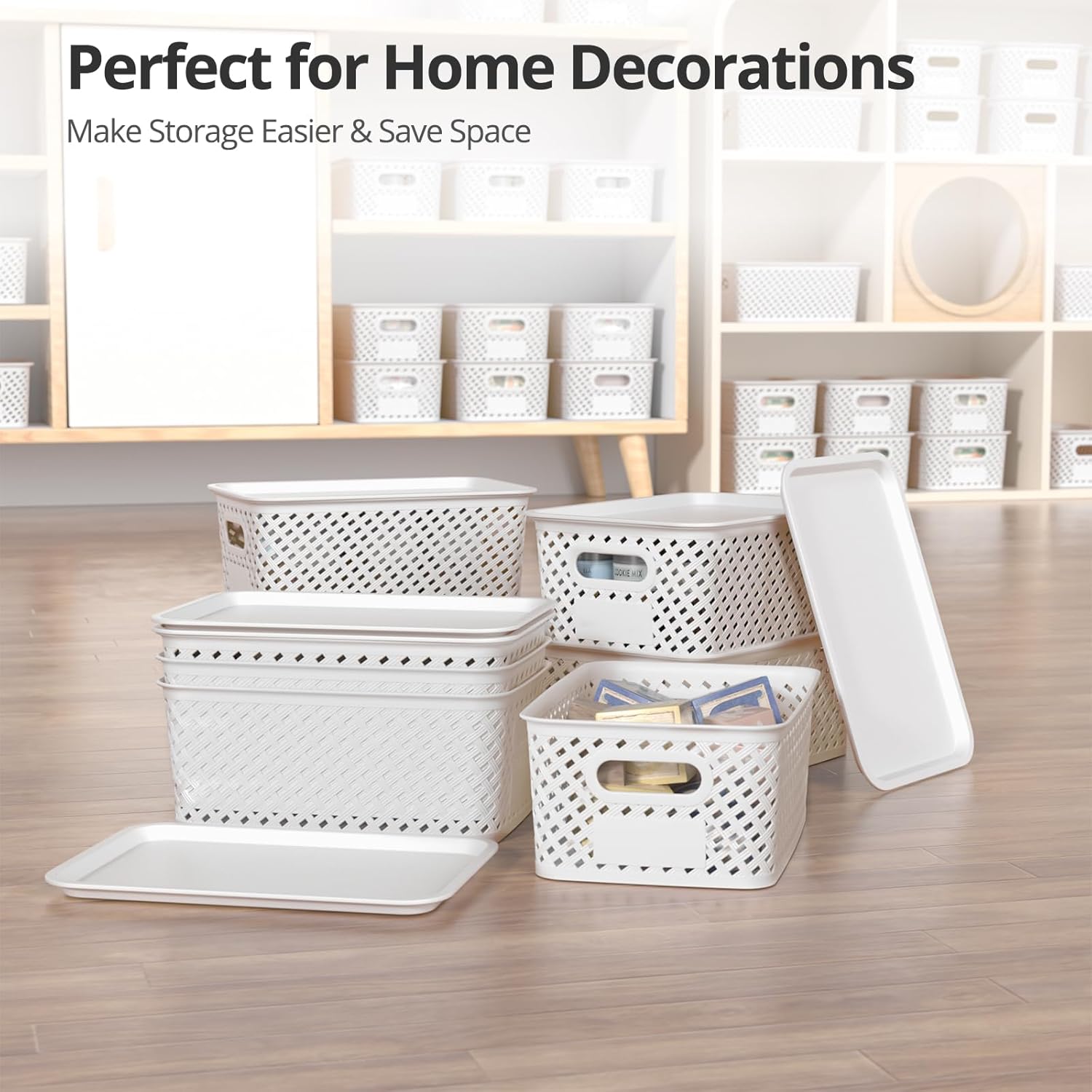 Skiennix Plastic Storage Bins - Stackable Organizing Boxes with Lids | 8-Pack, 10.2x7.2x4.1 Inch, White