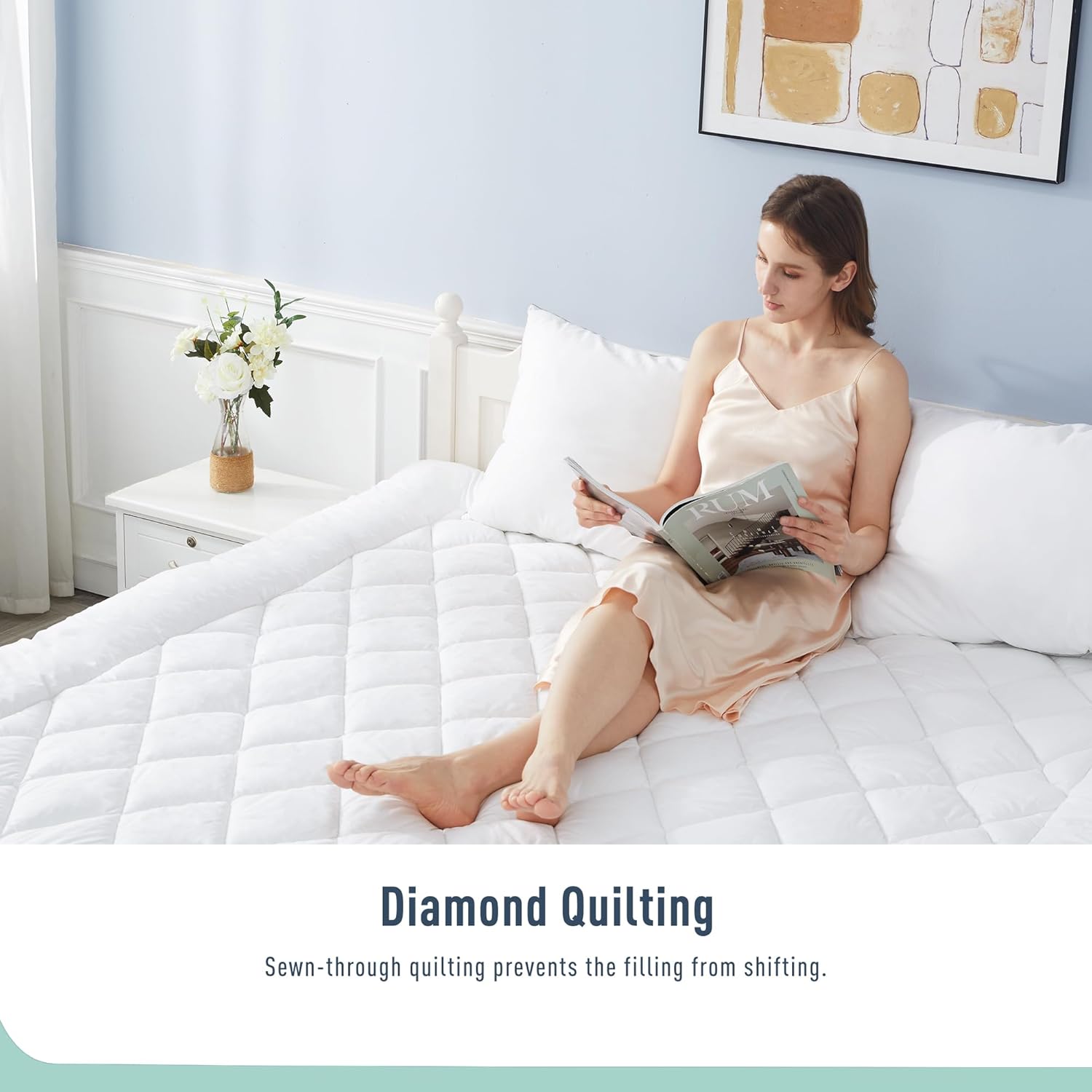 Skiennix Queen Mattress Pad - Quilted Cotton Cover with 18-22" Deep Pocket | Noiseless & Breathable Design