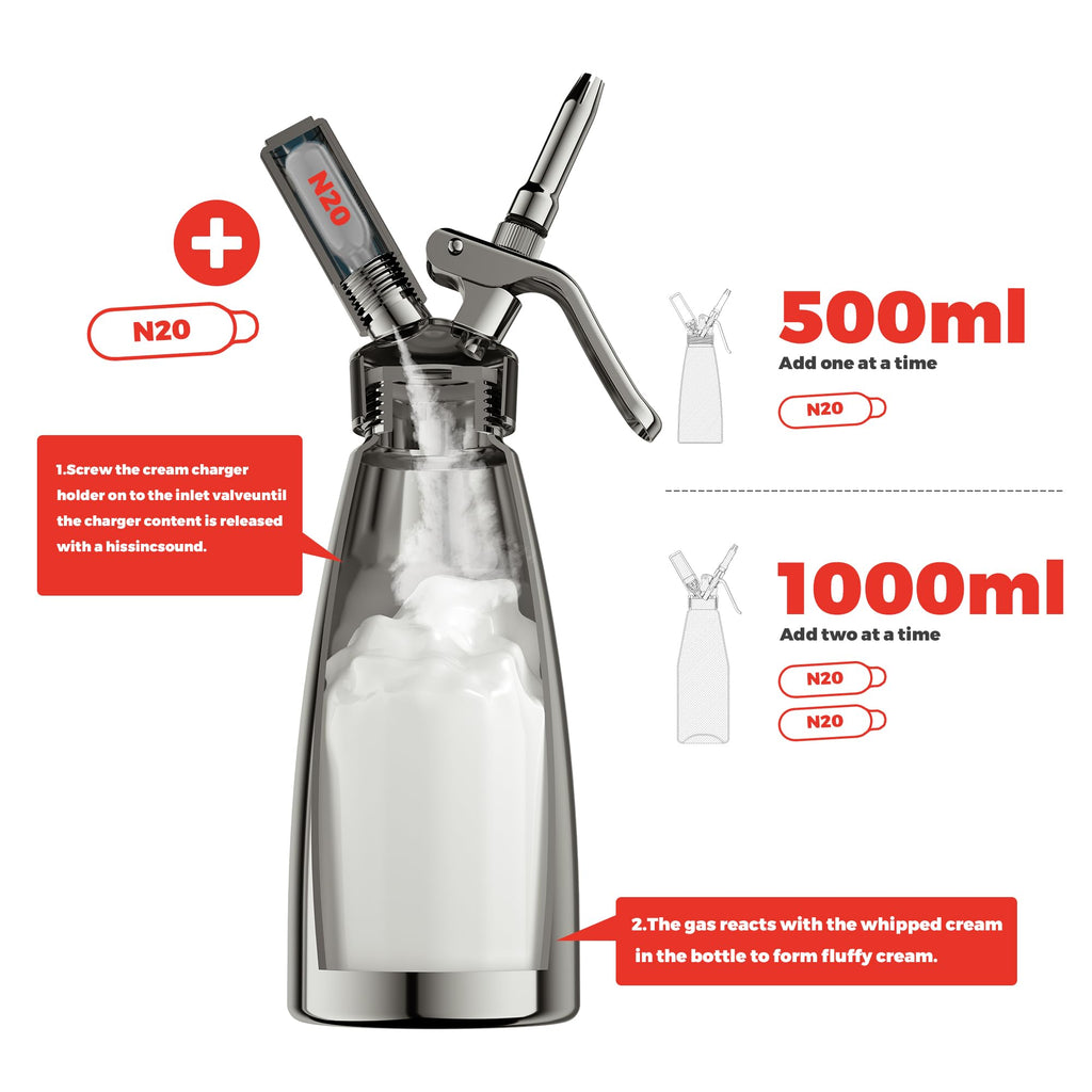 OSJCOOK Whipped Cream Dispenser Stainless Steel Cream Whipper Mirror Finish,500 mL/1 Pint Professional Cream Maker,5 Various Stainless Decorating Nozzles,1 Cleaning Brush,N2O Chargers NOT included