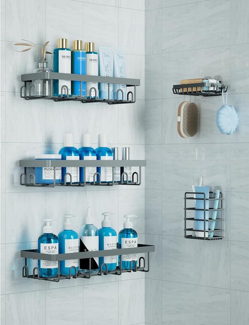 GVY Shower Caddy - 5 Pack Adhesive Bathroom Organizer Shelves | Rustproof No-Drill Storage Solutions