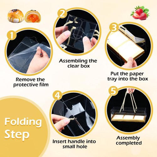 Chiisong 24 Pcs Clear Cupcake Boxes 9 x 3 x 3 Inch Portable Pastry Packaging Portable Gable Boxes with Rope Handle, Inserts 3 Compartments Bakery Take out Containers(Gold)
