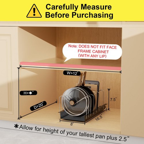 Pull Out Pots and Pans Organizer for Cabinet - Sliding Lid Holder and Pan Rack in Kitchen, Cabinet Pull Out Shelves, Slide Out Cabinet Organizer, Pot Lid, Bakeware and Pan Storage, 16.5"Dx8"Wx7.5"H