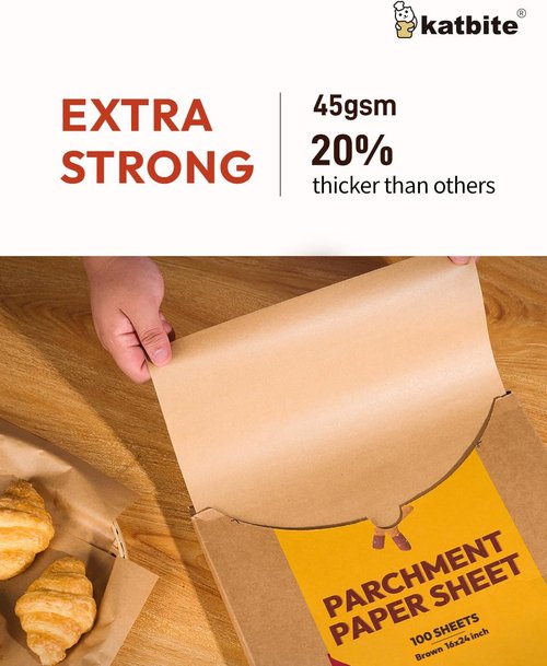 Katbite Parchment Paper Sheets - 16x24 Inch Non-Stick Precut Baking Paper | 100 Unbleached Sheets for Cooking & Grilling