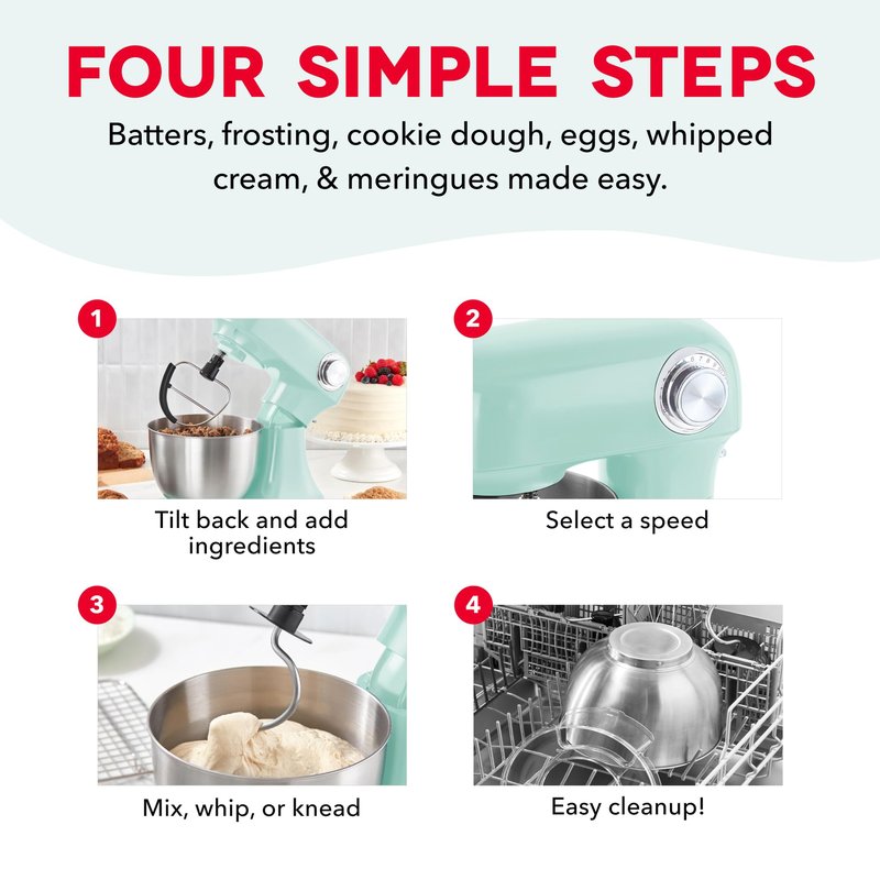 Dash Stand Mixer - Tilt-Head Electric Stand Mixer with Stainless Steel Bowl and Splash Guard For Baking - Aqua, 3.5-Quart
