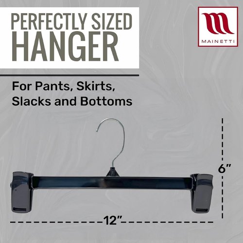 Mainetti Black Plastic Clothes Hangers - 100 Pack | 12-Inch Space-Saving Design with 360° Swivel Hook & Non-Slip Clips | Perfect for Pants, Skirts, and Shorts