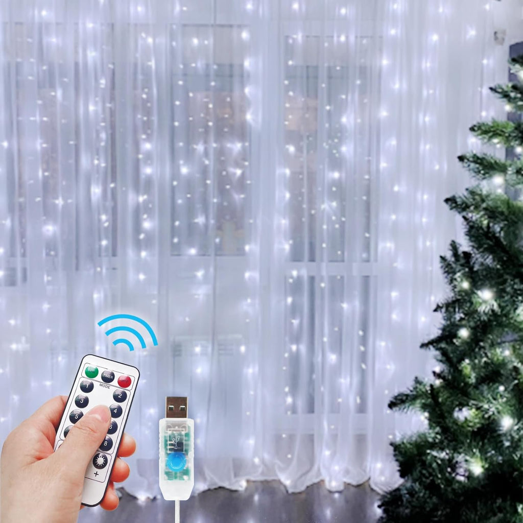 Skiennix 300 LED Fairy Curtain Lights - 9.8 x 9.8FT Cold White USB String Lights with Remote | 8 Modes for Christmas, Weddings & More