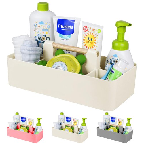 ChengFu Baby Shower Caddy Plastic Nursery Portable Storage Organizer Caddy Tote for Child/Kids, Divided Basket Bin with Wood Handle for Bathroom, Dorm Room, Holds Hand Soap, Bottles, Spoons (Beige)