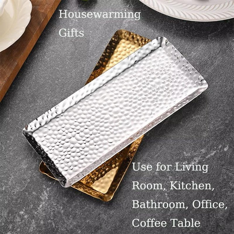 SEEK RARE Decorative Tray Stainless Steel Serving Trays Hammered Rectangular 9.8 x 4.3 Inch Dessert Plates Reusable Fruit Stand for Living Room Kitchen Gold