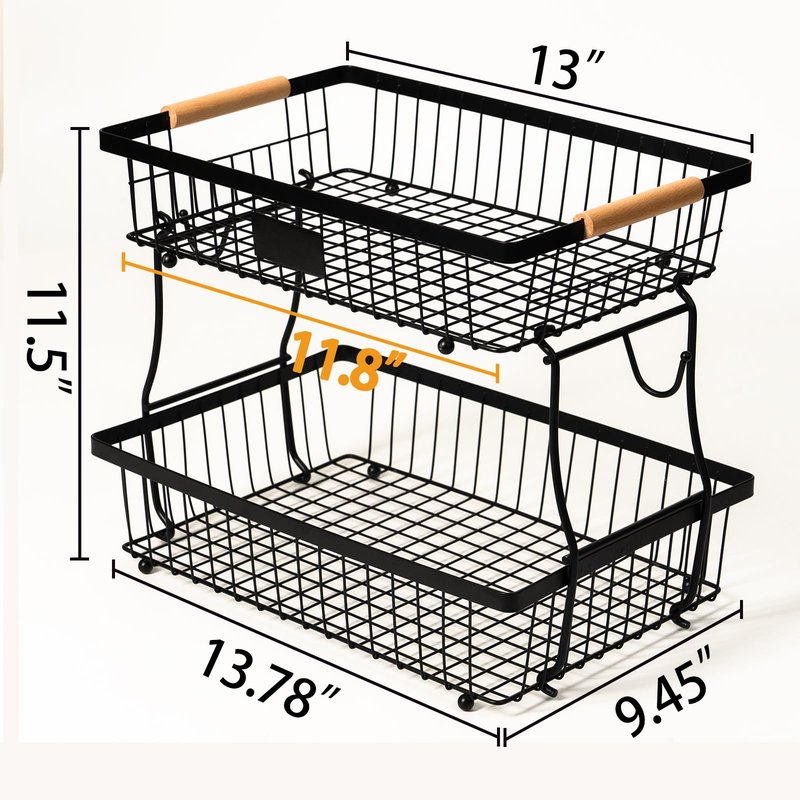 FRUVAN 2 Tier Fruit Basket with 2 Banana Hangers, Fruit Bowl for kitchen counter with Wooden Handle, Detachable Large Capacity Fruit Holder Stand for Vegetable Bread Snack Produce Storage