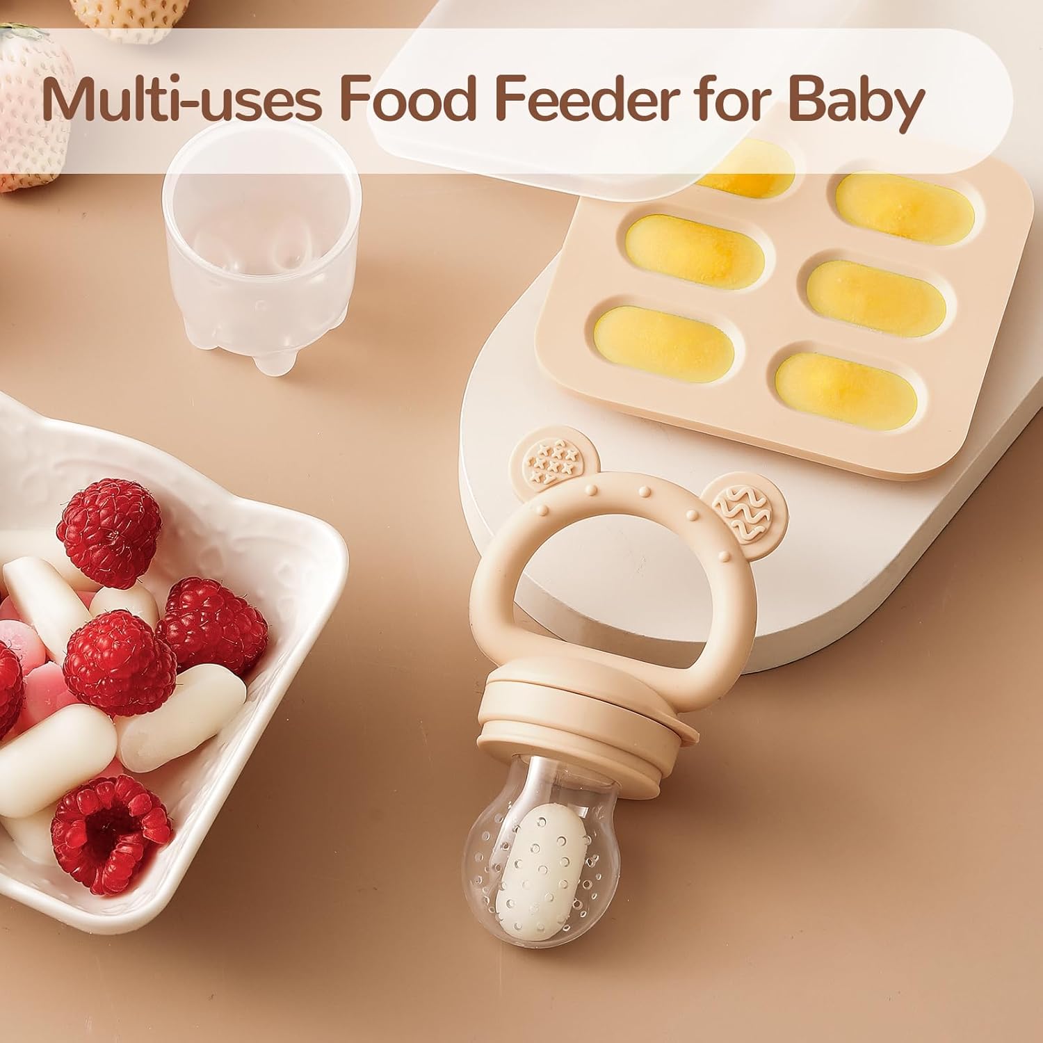 Skiennix Silicone Baby Fruit Feeder - 2 Pack with Mini Freezer Tray & Breastmilk Popsicle Molds for Teething Relief