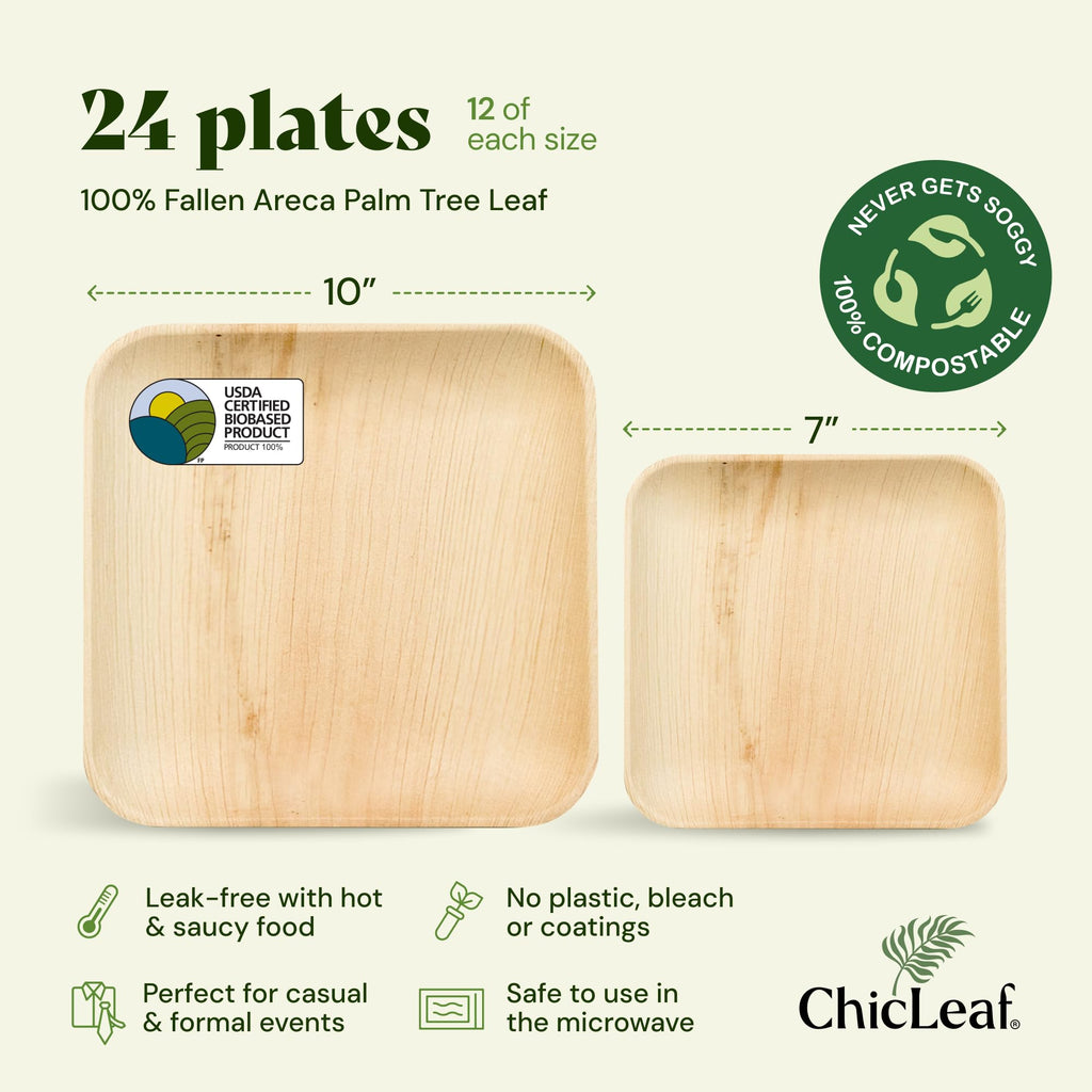 Chic Leaf Square Palm Leaf Tableware - 10" & 7", Pack of 24 - Durable Bamboo Disposable Dinnerware - Eco-Friendly Compostable Plates - Versatile Party & Elegant Dinner Table Essentials
