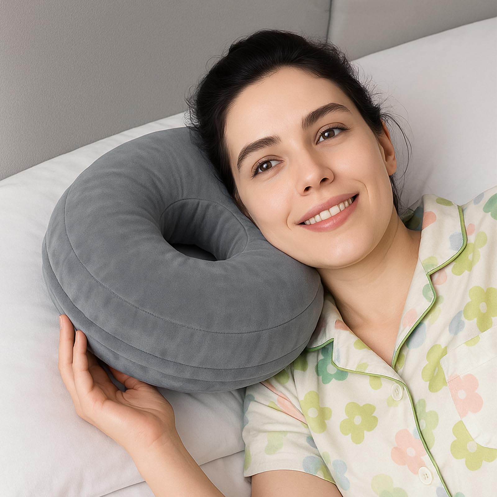 Winmany Ear Piercing Pillows with Detachable Plush Pillowcase for Side Sleepers Circle Donut Pillow for Ear Guard Protector Pain Relief Washable (Dark Grey)