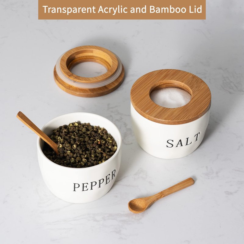 Howise 2 Pack Salt and Pepper Bowls Set, Ceramic Salt and Pepper Containers with Visible Airtight Bamboo Lid and Spoon, White Salt Pepper Holder Shakers Set, Salt Cellar Box Dish with Lid (White)