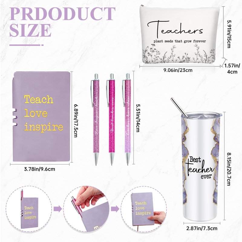 Domensi 6 Pcs Teacher Appreciation Gift Set for Women Staff 20 oz Marble Sign Tumbler Inspirational Ballpoint Pen Notebooks with Makeup Bag Teacher Thank You Gifts(Purple)