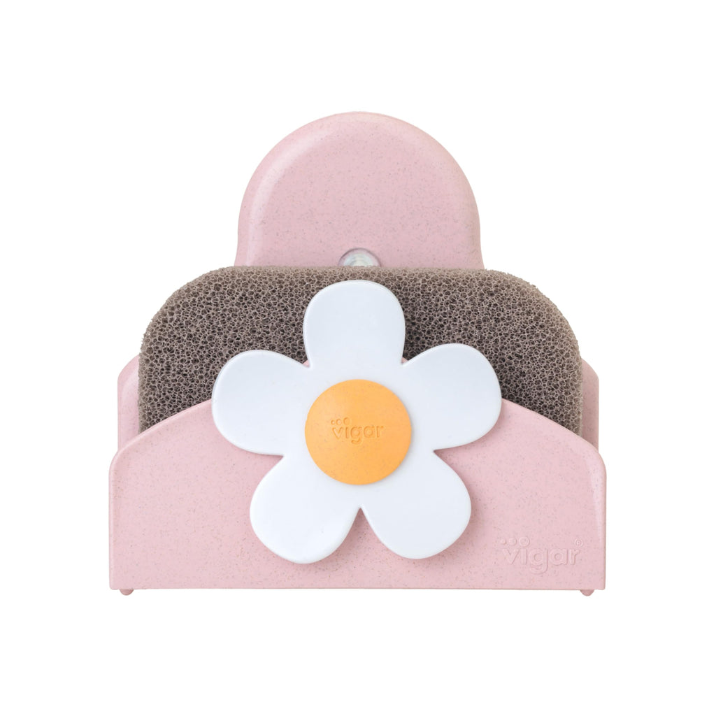 Vigar Florganic Daisy Sponge Holder for Kitchen Sink with Suction Cup and Sponge, Sink Caddy, Kitchen Organizers and Storage for Kitchen Sinks, Pink