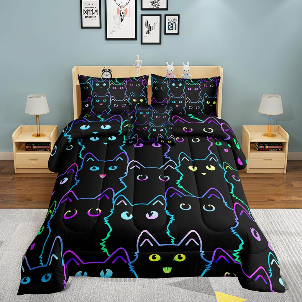 5 Piece Cat Comforter Set Twin Size Bed in A Bag set Cute Black Cat Bedding Set for Girls Boys Kids Teens (with 1 Comforter,1 Flat Sheet,1 Fitted Sheet,1 Pillowcases1Cushion Cover)Cats 5001-5Pcs T