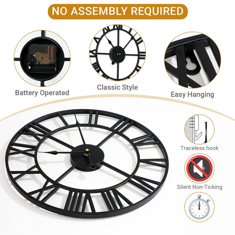 Blorple 30inch/76cm Extra Large Wall Clock for Bedroom Living Room Battery Operated Big Metal Decorative Analog Silent Giant Non Ticking Clocks Room Wall Decor (Iron Roman Numerals, 30 inches)