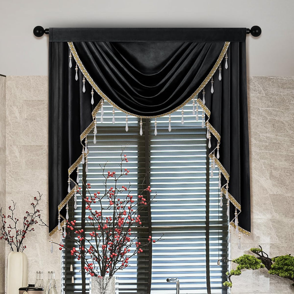 ELKCA Luxury Black Velvet Curtain Valances for Living Room with Beads(39inch,1 Panel)