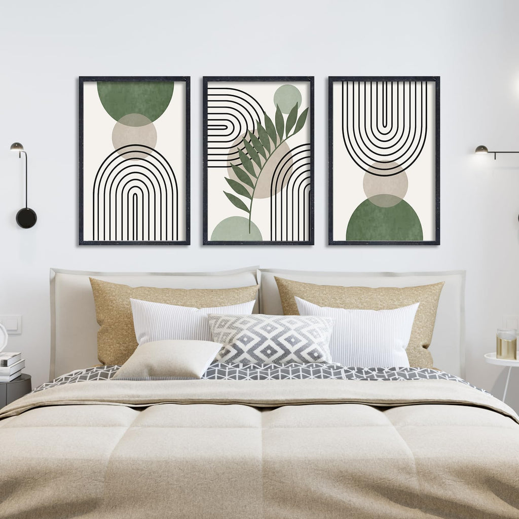 ZZJJHYWGQ Sage Green Boho Wall Art Decor 24"x16" Set of 3 Minimalist Geometric Line Leaf Sun Moon Artwork Paintings Living Room Office Abstract Botanical Soild Wood Framed Sign Wall Hanging (Black)