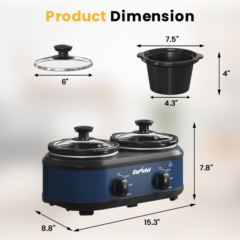 SUNVIVIPRO Double Slow Cooker,2 Removable Pots Small Mini Crock Buffet Server and Warmer with Adjustable Temp, Visible Glass Lids, Dishwasher Safe, 2 x 1.25 Quart, Blue