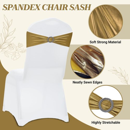 MDS Spandex Foil Chair Sashes - Universal Elastic Stretch Bands with Buckle for Weddings | Metallic Gold, Pack of 250
