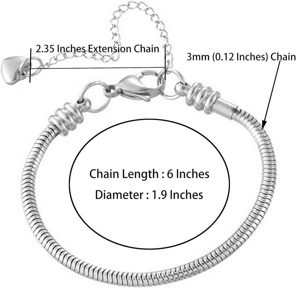 Skiennix Women's Snake Chain Charms Bracelet - Stainless Steel Love Memorial, 6 Inch