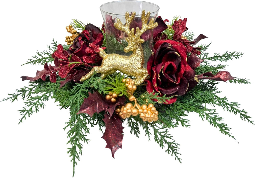 Svndlyn Christmas Glass Candle Holder - Glittery Rose & Reindeer Figurine Decor | Holiday Table Centerpiece