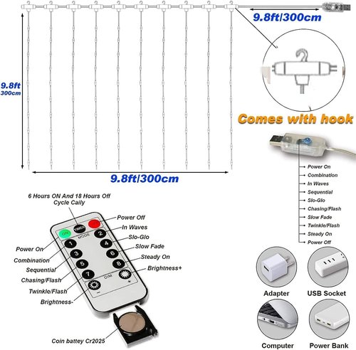 Honche 300 LED Fairy Curtain String Lights - 10x10ft Remote Control Window Lights for Bedroom & Wedding Decor | Warm White