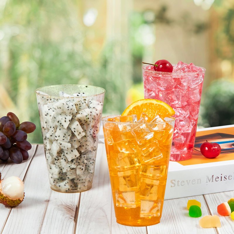 Vplus 100 Count 14 OZ Gold Glitter Heavy Duty Large Plastic Cups, Disposable Plastic Glasses Tumblers, Elegant Wedding Birthday Christmas Party Cups