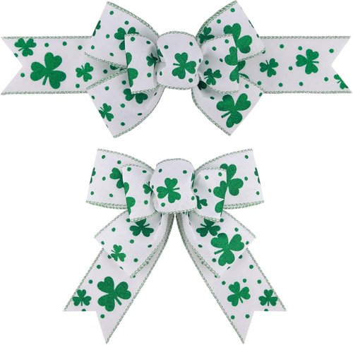 Meseey St. Patrick's Day Bow Wreath Decoration - 2 Pcs Green & White Shamrock Bows for Home Decor