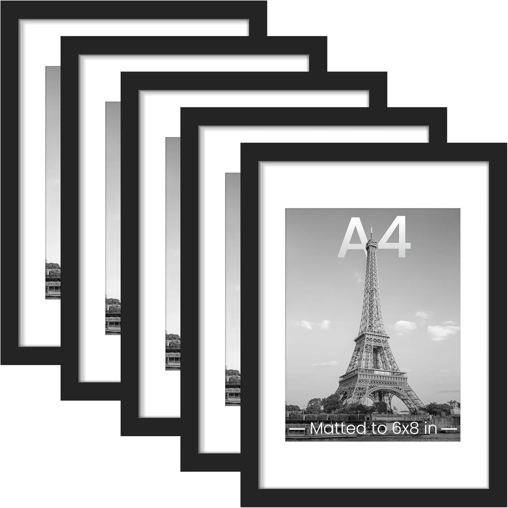Upsimples A4 Picture Frame Set of 5 - Display 6x8 Photos with Mat or 8.3x11.7 Without - Black Wall Gallery Frames