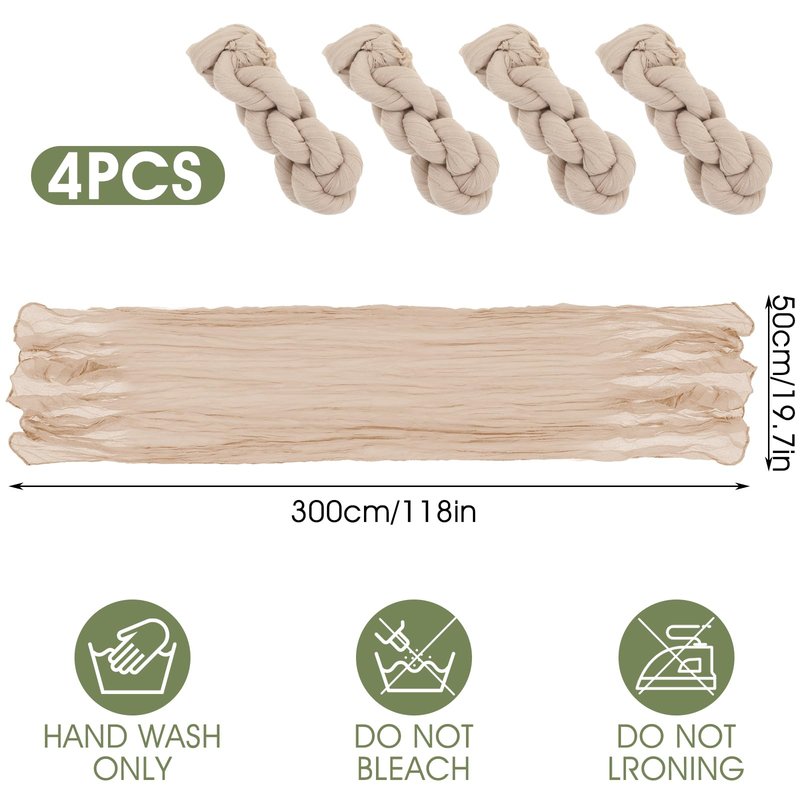 4 Pack Beige Cheesecloth Table Runner, 10ft Boho Gauze Tables Runners Cheese Cloth Vintage Rustic Sheer Runners Romantic Table Runner for Wedding Baby Shower Birthday Party Summer Garden