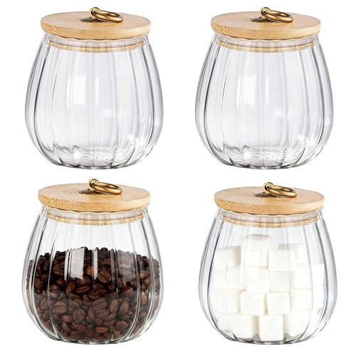Frcctre 4 Pack 25 Oz Glass Airtight Storage Jar Glass Canister with Bamboo Lid, Decorative Petal Storage Container with Metal Handle for Dry Food, Tea, Cookie, Candy, Sugar, Nuts