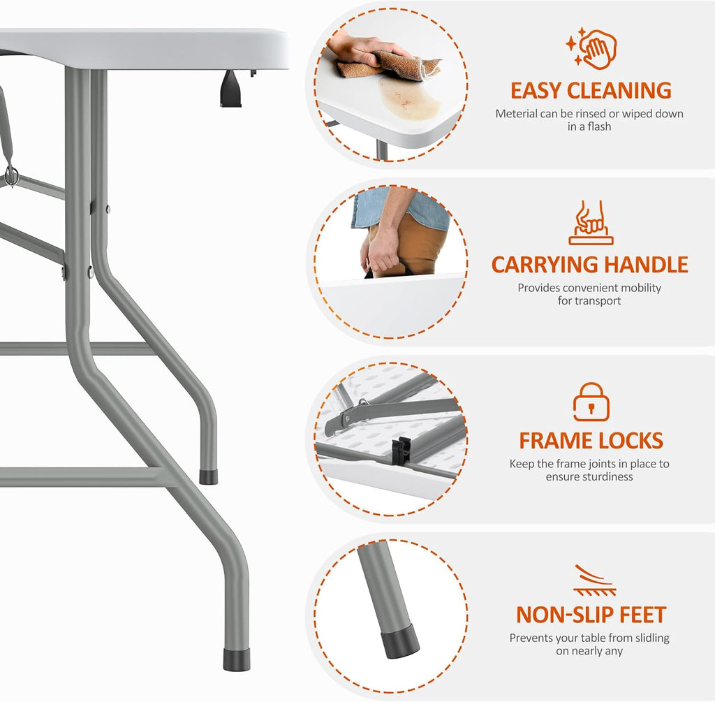 Skiennix 6FT Folding Table - Heavy Duty Waterproof HDPE Top | Portable & Foldable with Handle, 350 LBS Capacity