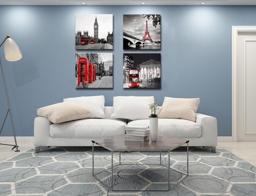 Black and White City Landscape Wall Art for Bedroom Red Street Scenery Canvas Decor for Bathroom Paris Eiffel Tower Pictures Prints London Big Ben Artwork for Living Room Office 16"x16"